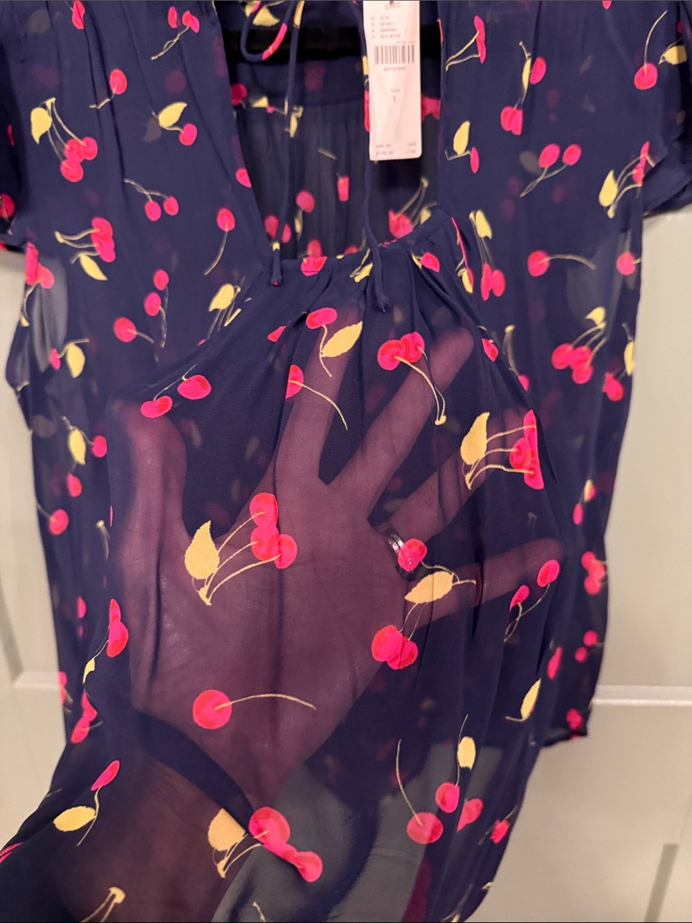 Anthropologie Navy Cherry-Print Tie-Neck Blouse - Picture 6 of 9